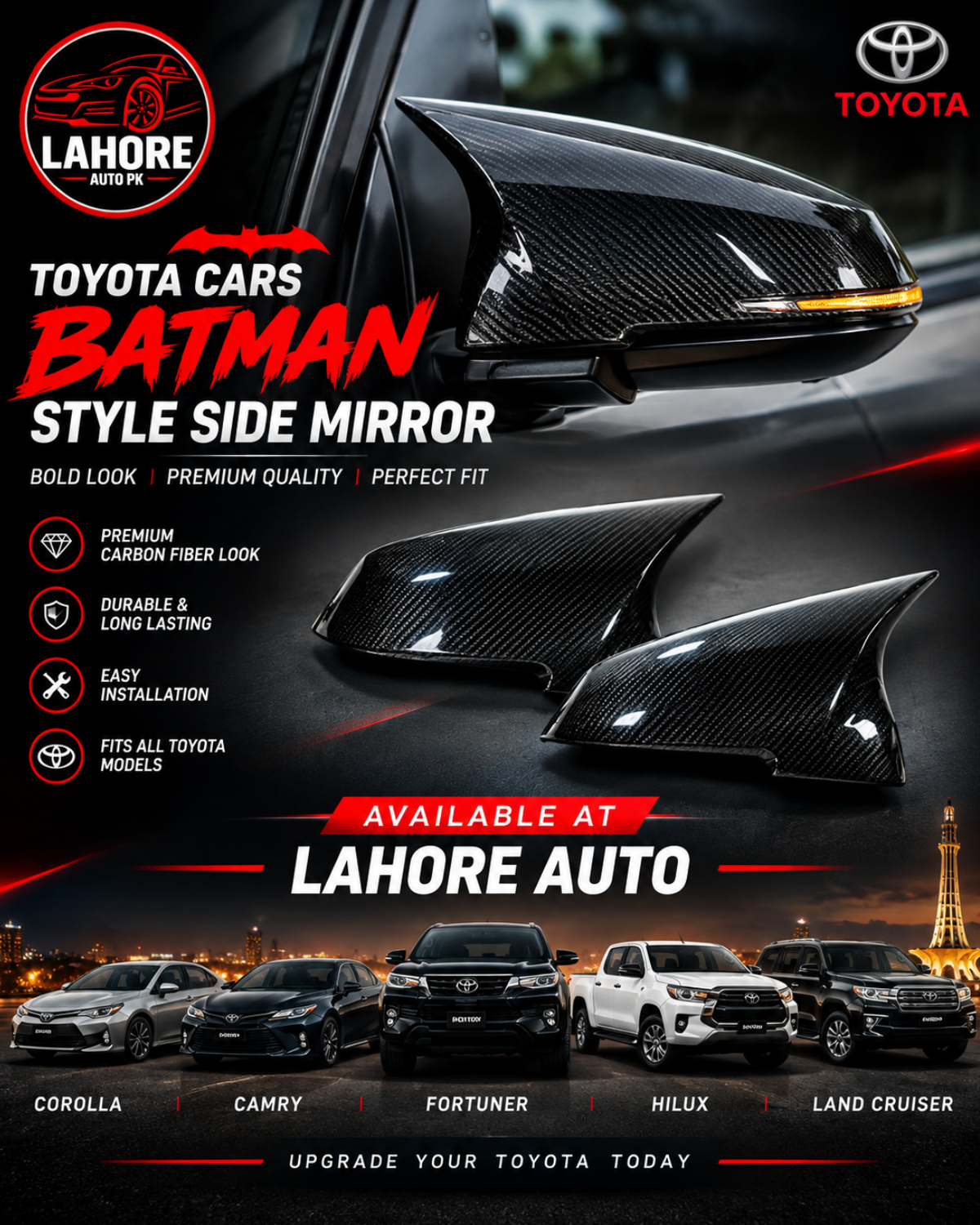 Toyota Batman Style Side Mirrors | Premium Carbon Fiber Look – Lahore Auto
